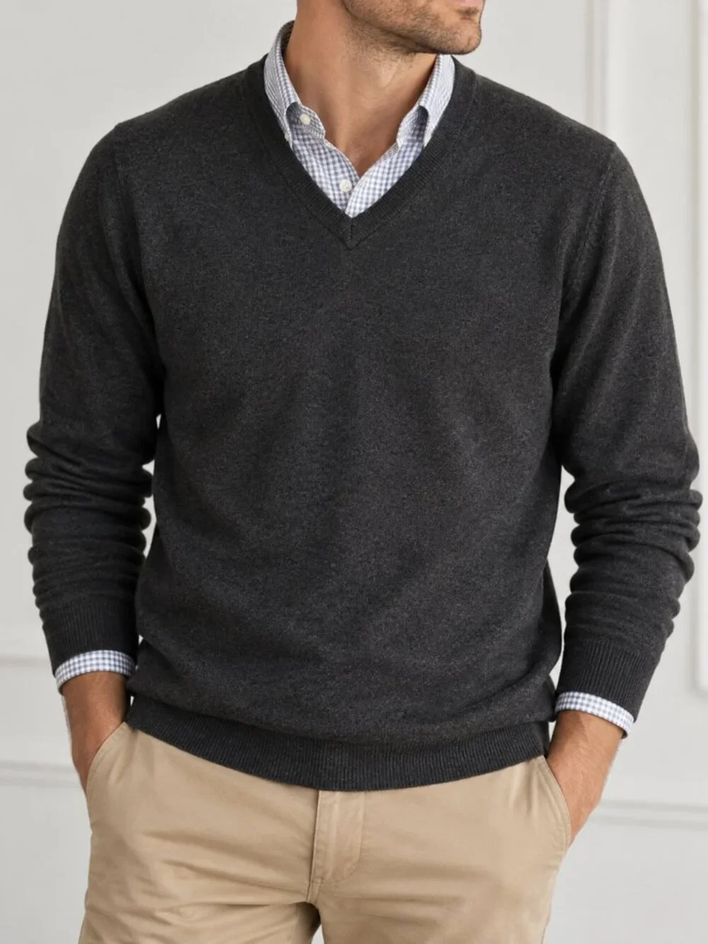 J.Crew Mens Cotton Cashmere V Neck Sweater Charcoal Black 17736 Large L